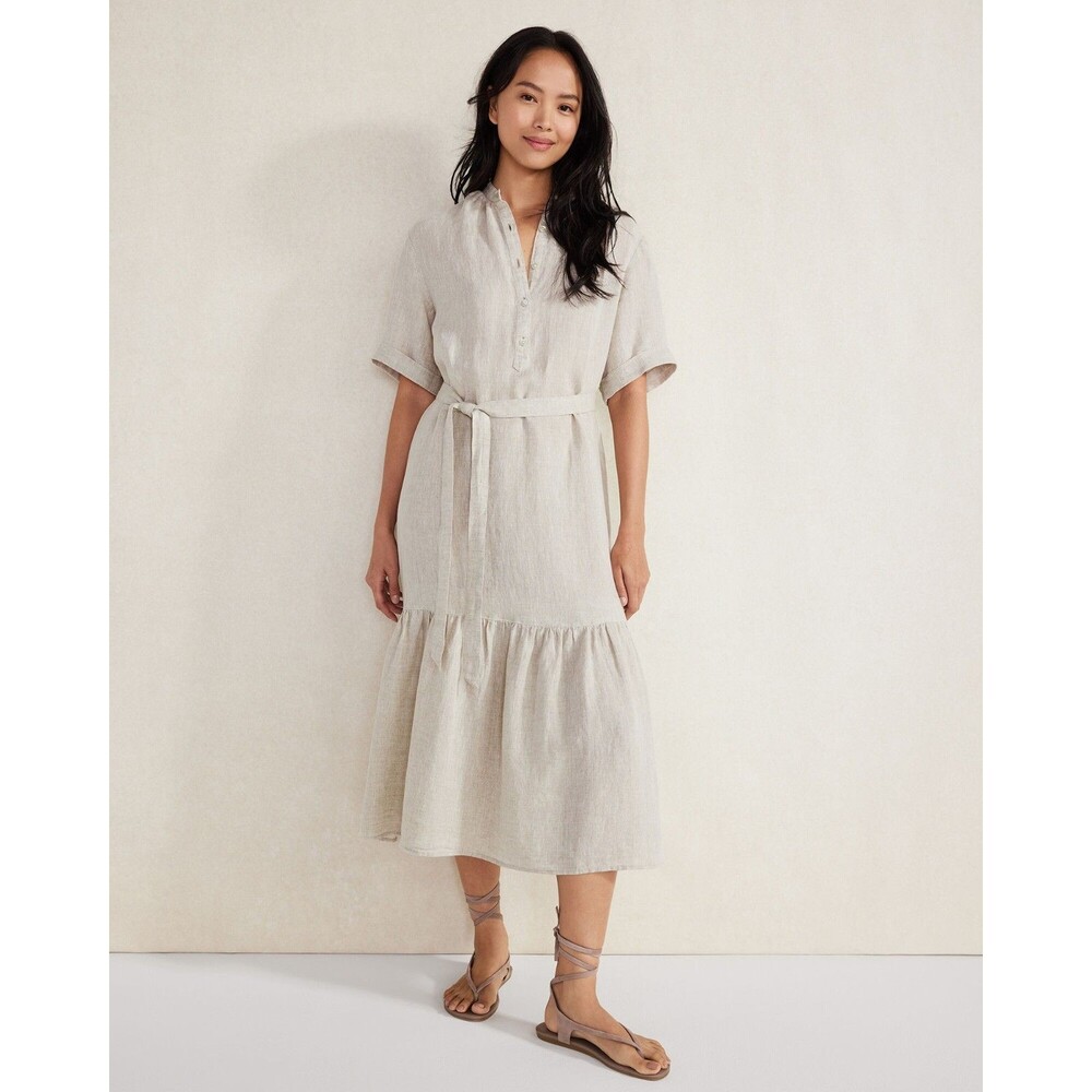 Haven Well Within 100% Linen Tiered Midi Dress Cream Lagenlook Boho Large